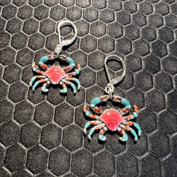 Venice By The Sea Jewelry Jewelry - Crab Earrings Aqua and Red 18K White Gold Plated